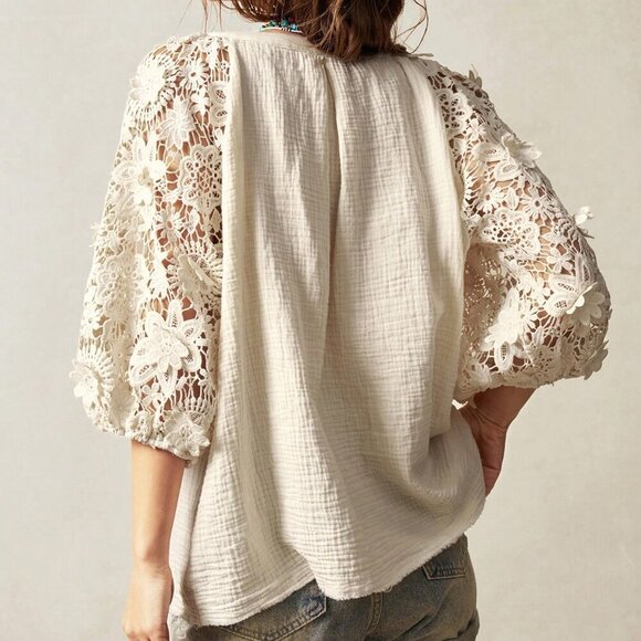 White Boho Women's Bohemian Plain Woven Loose Front Button Blouse - Picture 7 of 7